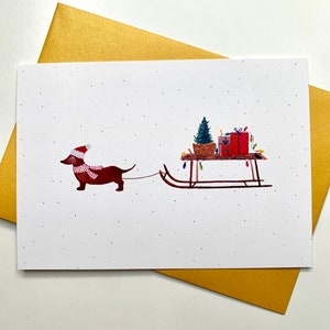 Christmas card // Christmas tree // Dachshund // Sleigh // animal Christmas // Christmas dachshund // Christmas card dog