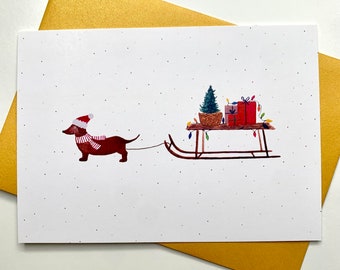 Carte de Noël // Sapin de Noël // Teckel // Traîneau // Noël animal // Teckel de Noël // Carte de Noël chien