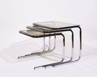 Set of three nesting tables space age 70s chrome metal smoked glass