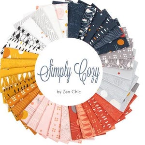 May include: A circular arrangement of fabric squares in various colors and patterns. The fabrics include shades of white, yellow, navy, gray, pink, and orange. The text "Simply Cozy by Zen Chic" is in the center.