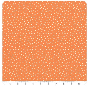 May include: Orange fabric with a white polka dot pattern. The fabric is measured in inches, with a scale from 1 to 10 inches. The polka dots are evenly spaced across the fabric.