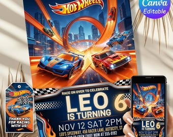 Hot Cars Birthday Invitation Editable, Race Car Party Invite Template, Digital Download Canva for Boys, Instant Access