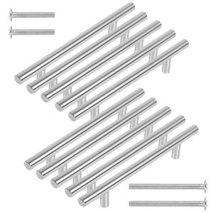 Könnte beinhalten: Ein Satz polierter silberner Schrankgriffe mit zylindrischem Stangendesign. Die Griffe sind in zwei Gruppen zu je sechs Stück angeordnet, mit zwei Schraubensätzen. Geeignet für Schubladen und Schränke.