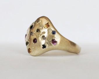 Amorphic Solid Gold Signet Pinkie Ring With Colourful Sapphires, Sustainable Jewelry