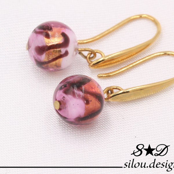 Boucles d'oreilles avec perle de Murano, Caramella Fushia, rose, crochet doré à l'or fin