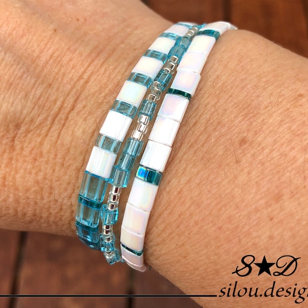 Bracelet élastique en perles de verre Miyuki, bleu, turquoise et blanc nacré
