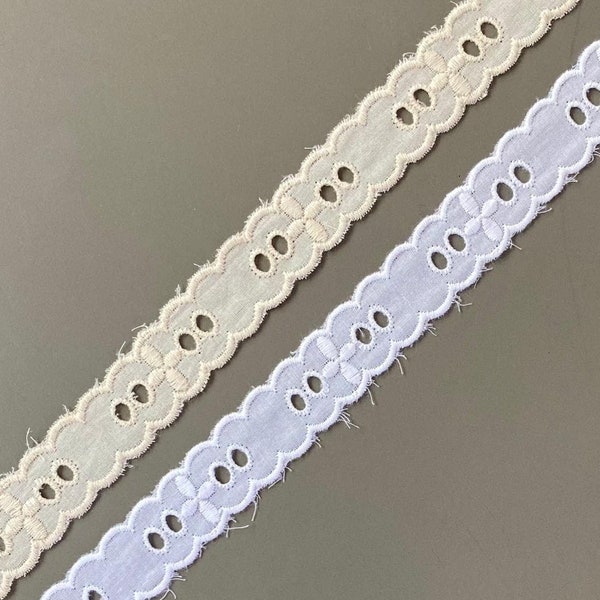 Cross double scalloped edge beading cotton eyelet lace trim, 3/4" wide, Broderie anglaise, White, Ivory