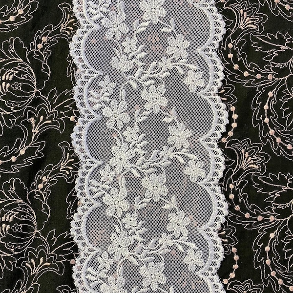 Floral double scalloped edge embroidered tulle lace trim, Rayon, 3 1/2" wide, White