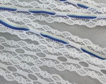 3 yards Floral double scalloped edge nylon beading raschel lace trim, 7/8" wide, White , Non-stretch