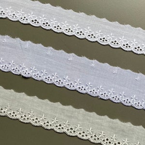 Bordo smerlato floreale in pizzo con occhielli in rayon di cotone, 1 1/8" 1 1/2" 3 cm 3,8 cm di larghezza, pizzo sangallo, bianco, crema, avorio