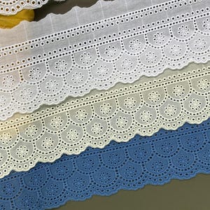 Antique scalloped cotton eyelet lace trim, 3 1/2&quot; 4&quot; wide, Blue, Ivory, White, Broderie anglaise