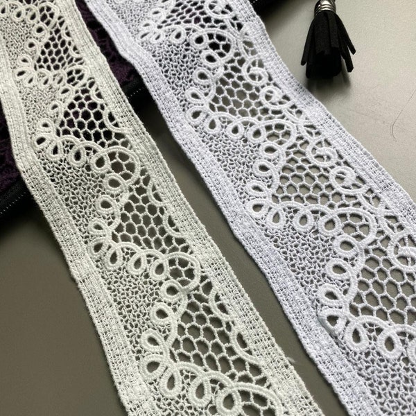 vintage Loop Cotton Insertion Venice Lace Trim, 2 1/8" 2 1/2" Wide, White Ivory, Guipure Lace, Chemical Lace