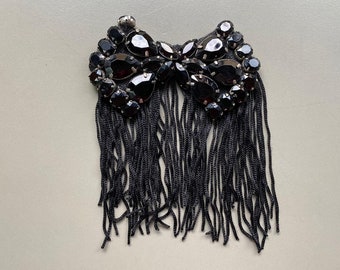 Black bow rhinestone fringe applique, handmade applique, tassel applique