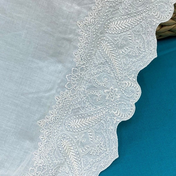 Delicate cream paisley cotton embroidery lace trim, 9" 22.5cm wide