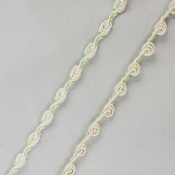 Rose Floral Polyester Gimp Braided Trim, 0.8cm wide, Green / Ivory, Green / White