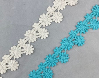 Daisy Floral Cotton Venice Lace Trim, 1 7/8" Wide, Ivory, Turquoise, Guipure Lace, Chemical Lace