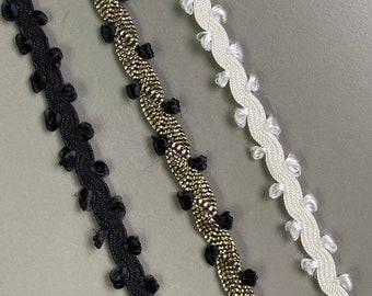 2 yards double looped edge ric rac trim, 3/8" (0.9cm) wide, Ivory, Black, Gold Black