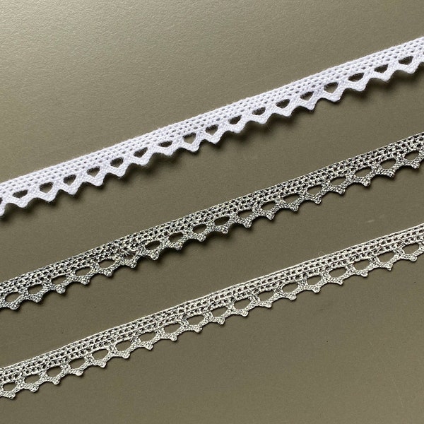 Tiny zig zag edge cluny lace trim, 7/16" 1.1 cm wide, Silver, White, Cotton lace, Metallic lace