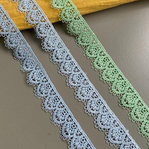 Bordure festonnée géométrique classique en dentelle de Venise en polyester, 1,9 cm de large, Bleu, Vert, Bleu clair, Dentelle guipure, Dentelle chimique