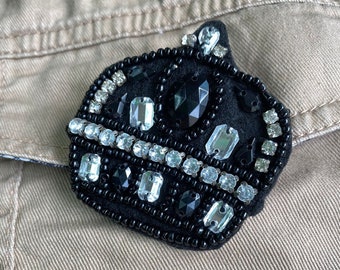 Black crown rhinestone beaded badge , 5.5 cm x 5.5 cm, Rhinestone Embellishment