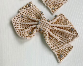 Beige bow tie rhinestone beaded applique, handmade applique
