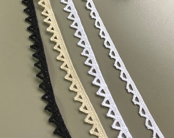 Zig zag edge cluny cotton crochet lace trim, 3/8" 1/2" 1cm 1.2cm wide, White, Black, Beige, Off white, Ivory, Triangle lace
