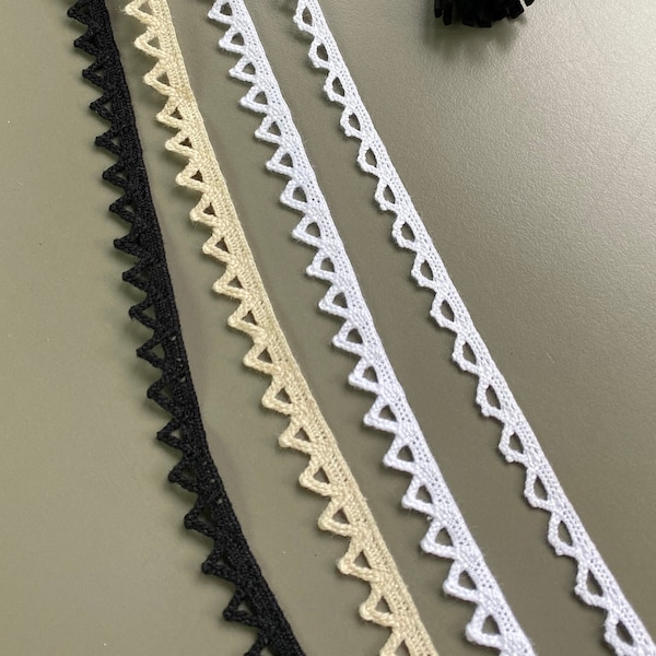 Zig zag edge cluny cotton crochet lace trim, 1/4" 3/8" 1/2" 0.8cm 1cm 1.2cm wide, White, Black, Beige, Off white, Ivory, Triangle lace
