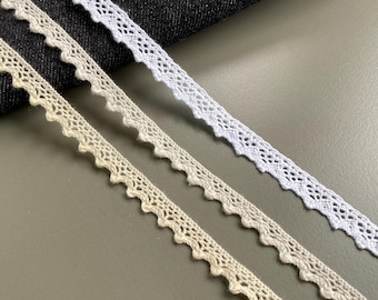 Ribete de encaje de ganchillo de algodón cluny con borde festoneado simple, 5/16" 3/8" 0,8 cm 1 cm de ancho, beige, blanco