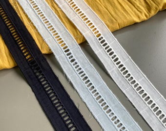 Faggoting ladder cotton eyelet lace trim, 1 1/8&quot; 2.9 cm wide, Beige, Black, Ivory, Light Blue, Embroidered lace