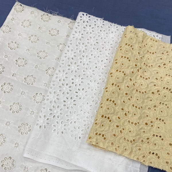 Cotton embroidery eyelet lace fabric scraps, Beige, White, Off White, Broderie anglaise fabric, Fabric remnants, Sold by the piece
