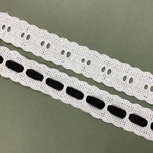 Double scalloped floral beading cotton eyelet lace trim, 1 5/16&quot; 3.4cm wide, White, Broderie Anglaise