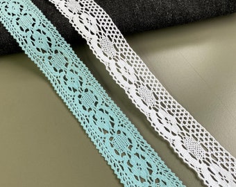 Circle floral cotton cluny lace trim, 1 1/16" 1 1/8" (2.8 cm 3 cm) wide, Blue, White, Crochet lace, Insertion lace, Scalloped edge lace