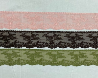 Delicate floral galloon scalloped edge embroidered tulle lace trim, Rayon, 4" 10cm wide, Brown, Green, Pink, Boho lace