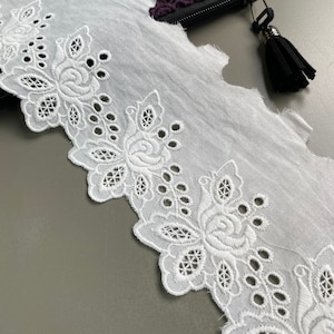 Rose scalloped cotton eyelet lace trim, 3 7/8&quot; wide, Broderie anglaise, Ivory