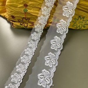Glossy floral scalloped edge embroidered tulle lace trim, 1 1/4&quot; 2 1/8&quot; 3cm 5.5cm wide, White, Boho lace, Bridal lace