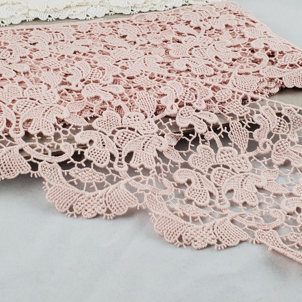 Floral Scalloped Edge Venice Cotton Lace Trim, 4" wide, Chemical Lace, Guipure Lace, Ivory, Peach, Beige, Black