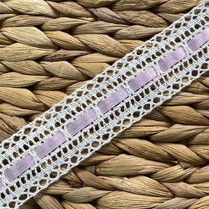 Off White Beading Insertion Cotton Cluny Crochet Lace Trim with Pink Ribbon, 1 5/16&quot; wide