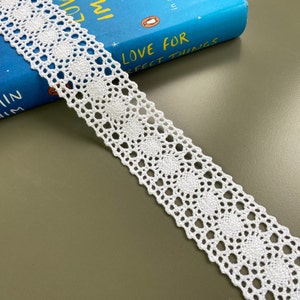 White geometric picot edge insertion cotton crochet lace trim, 1 1/2" 4 cm wide, Cluny lace
