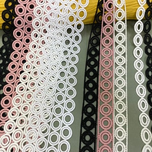 Circle polyester venice lace trim, 1&quot; (2.5cm), 1 3/16&quot; (3cm), 3 5/8&quot; (9.2cm) wide, White, Black, Ivory, Pink