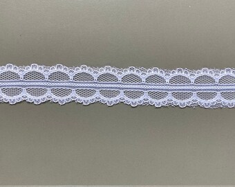 3 yards White Geometric Double Scalloped Edge Nylon Raschel Lace Trim, 7/8" wide, Non-stretch