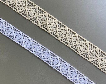 Delicate Diamond Insertion Cotton Cluny Crochet Lace Trim, 3/4" (1.9 cm) 1" (2.5 cm) wide, White Beige