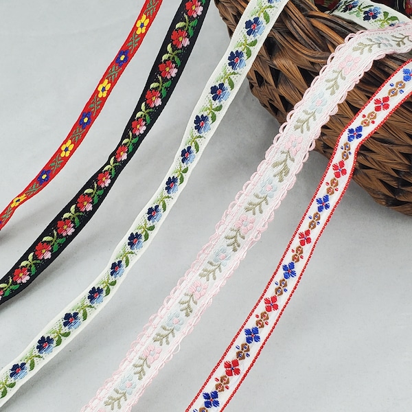 Small Floral Jacquard Ribbon Trim Tape, 1cm (3/8") - 1.5cm (9/16")  wide, Multicolour