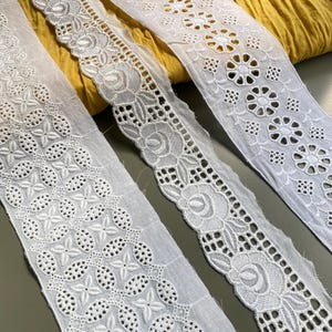 Wide boho floral cotton eyelet lace trim, 1 5/8&quot; 2 3/4&quot; 3&quot; (4.2 cm 7 cm 7.5 cm) wide, Ivory, Off White,  Broderie anglaise