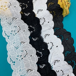 Breite Blume doppelt gewellte Baumwoll-Ösenspitze, 16,5 cm 18 cm breit, Schwarz, Elfenbein, Lochstickerei, Brautkleidspitze