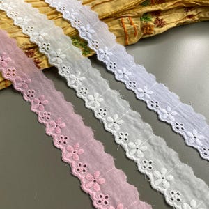 Bordure en dentelle à œillets festonnée en coton, 2,5 cm de large, ivoire, blanc cassé, rose, dentelle bohème, dentelle pour bébé