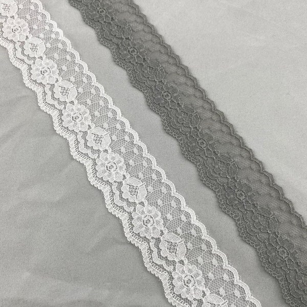 3 yards Double Scalloped Edge Floral Nylon Raschel Lace Trim, 1 1/4" wide, Non-stretch, White, Grey