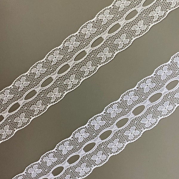 3 yards Floral Double Scalloped Edge Nylon Beading Raschel Lace Trim, 1 1/8" wide, Non-stretch, Ivory, White