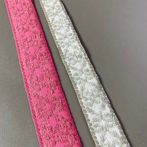 Vintage velour jacquard ribbon tape, 3/4&quot; 1&quot; 2cm 2.6cm wide, Green, Pink