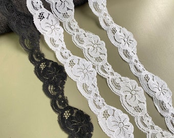 3 yards floral scalloped nylon galloon lace trim, 1 3/8" 1 1/2" (3.5 cm 3.8 cm) wide, Black, Ivory, White, Non-stretch