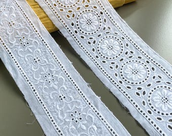 Retro floral cotton entredeux eyelet lace trim, 2 5/16" 2 5/8" (6 cm 6.7 cm) wide, White, Broderie anglaise
